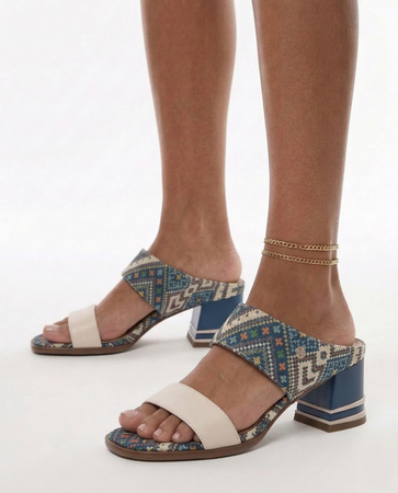 Maciejka Leather Patterned Mules Block Heel Beige-Navy K7522-04/00-1