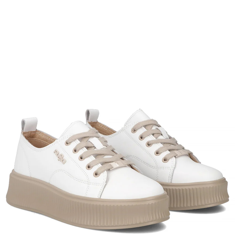 Filippo Sneakersy Damskie Skórzane Sznurowane Na Ryflowanej Platformie Białe Z Beżem DP6122-26-WH-BE