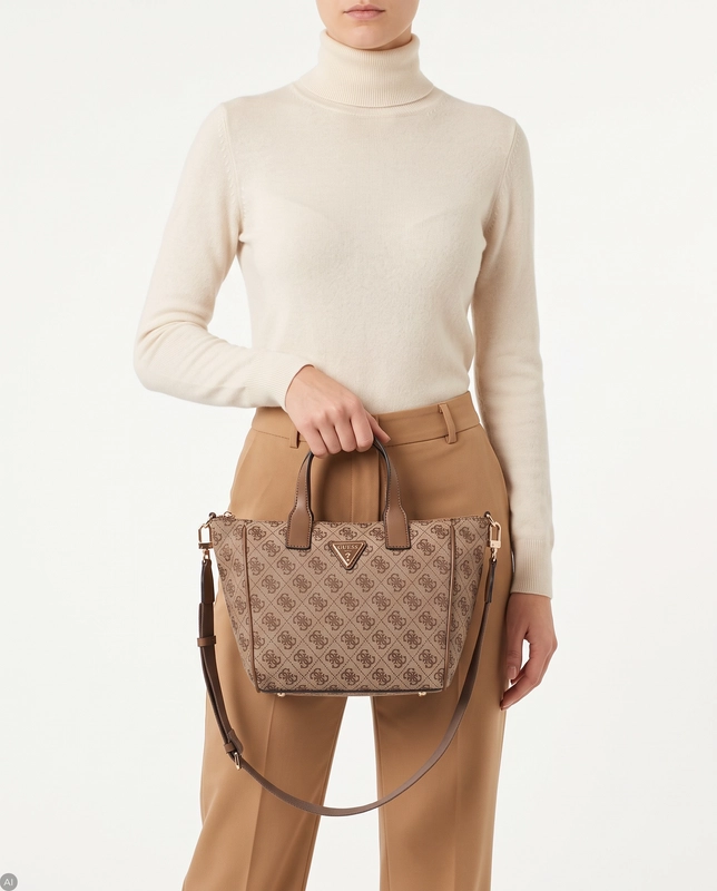 Guess Elegancka Torebka Klasyczna do Ręki i na Ramię Monogram Beżowa TWNB2168019-LATTE