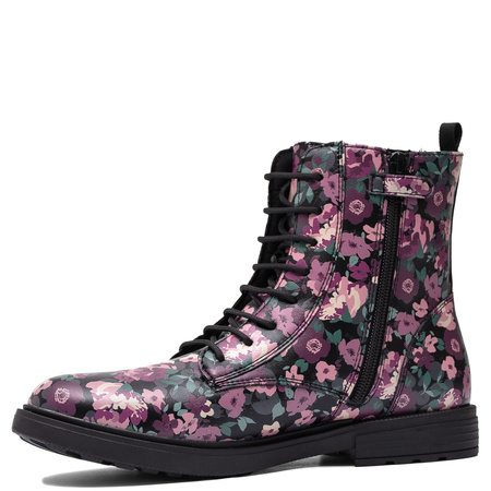 Geox Lace-Up Floral Ankle Boots With Zipper Black/Pink J049QD-00004
