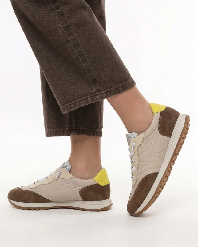Wonders Skórzane Sneakersy Damskie Retro Running Lekka Podeszwa Beżowo-Brązowe A-4802-CON-TAUPE