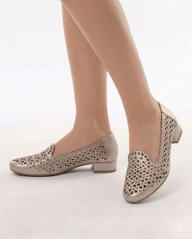 Maciejka Leather Openwork Flat Shoes Peep Toe Gold 1082-2-GOLD