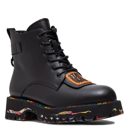 Artiker Botki Skórzane Na Platformie Damskie Z Kolorową Podeszwą Czarne 55C0516