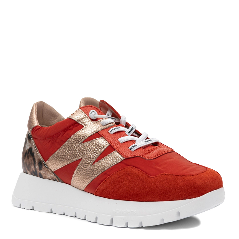 Wonders Skórzane Sneakersy na Platformie Półbuty Sportowe z Panterką Czerwony A-24100-FLAM-RAME