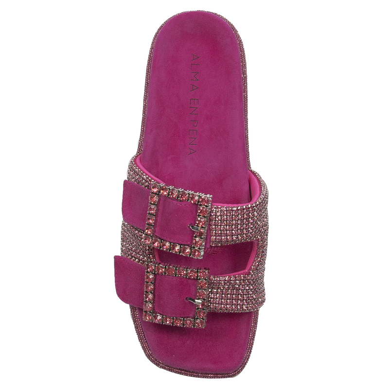 Alma El Pena Klapki damskie Suede Fuxia z cyrkoniami