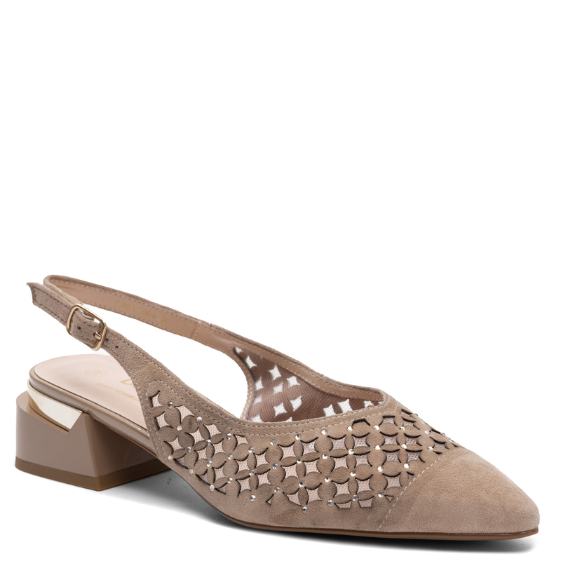 S.Barski Skórzane Czółenka Ażurowe z Kryształkami Beżowe CR61-3004-BEIGE