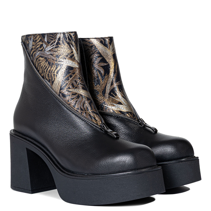 Boccato Asymmetric Block-Heel Ankle Boots With Front Zipper Black 3200-BLACK-GOLD