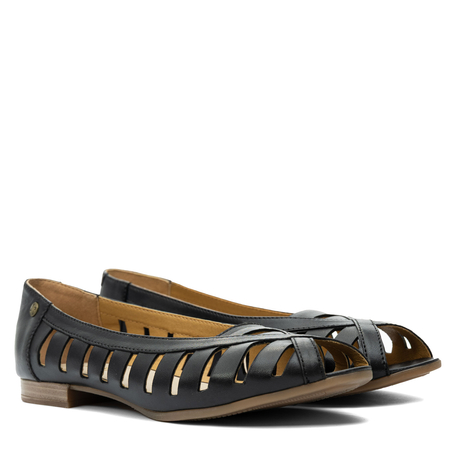 Maciejka Skórzane Ażurowe Baleriny Peep Toe Czarne P7540-01/00-1