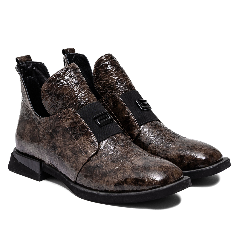 Boccato Leather Patent Crinkle Slip-On Shoes Insulated Brown 049-1738-120