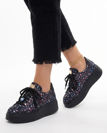 Maciejka Leather Platform Black Sneakers With Colourful Confetti Print 6191W-04/00-8