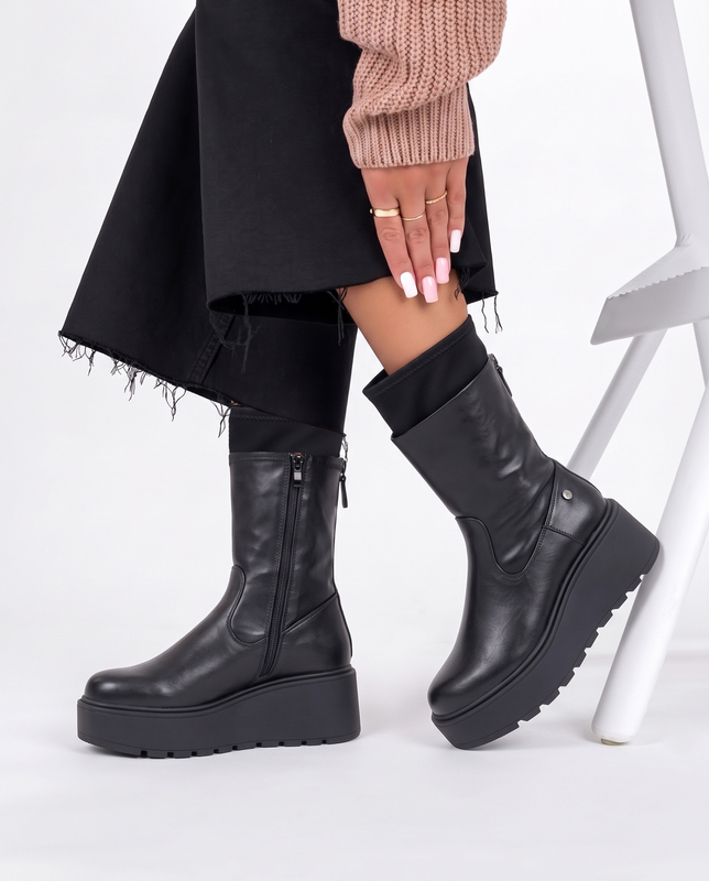 Maciejka Leather Wedge Sock Ankle Boots Black A7166-01/00-7