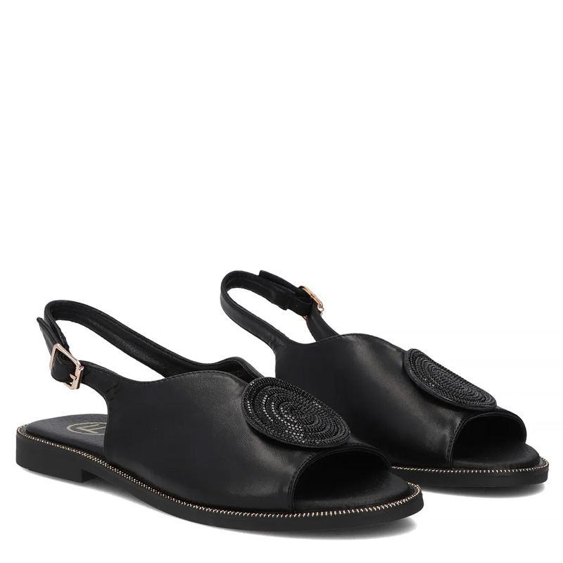 Filippo Women's Black Sandals With Decorative Ornament Flat DS6229-26-BK