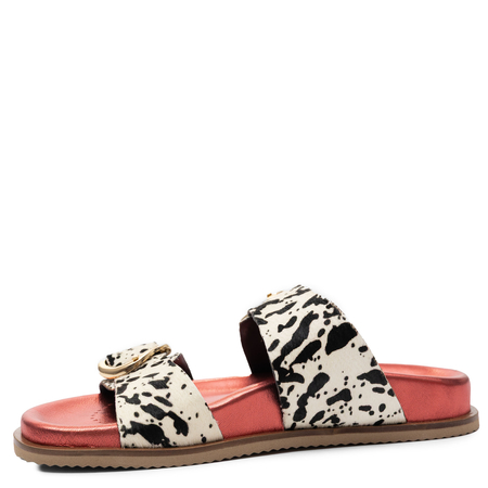 Gioseppo Leather Double-Buckle Platform Slides 3 cm White-Black With Metallic Red Footbed 78025-CARNEY-RED