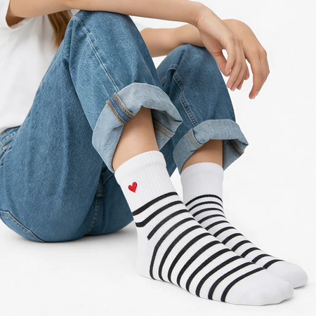 Filippo Bamboo Ankle Socks 3-Pack With Heart White-Black SD-AN09-WH-BK