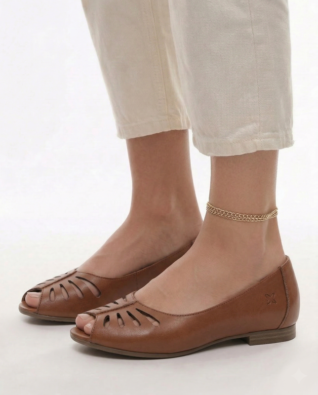Maciejka Leather Ballet Flats Cut-Outs Peep-Toe Flat Brown P7541-29/00-1