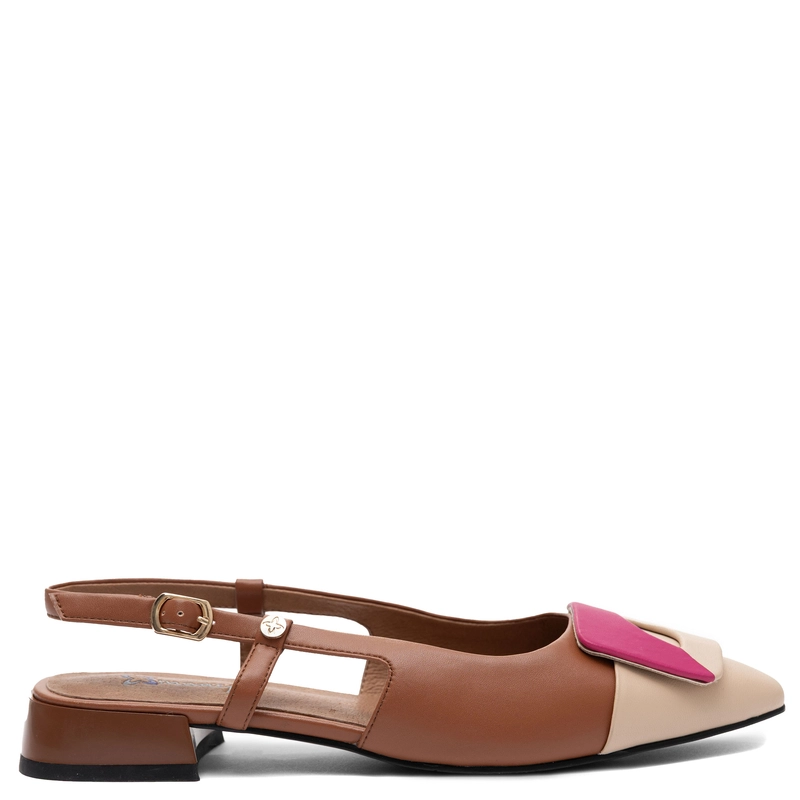 Maciejka Leather Slingback Low-Heel Court Shoes Pointed Toe Beige-Brown With Pink Accent K7427-02/00-1