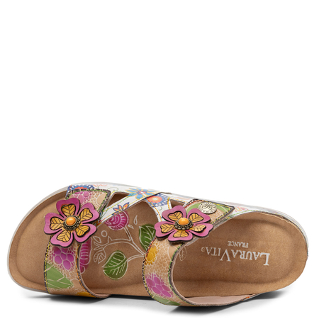 Laura Vita Brcyano-32 Skórzane Klapki Z Kwiatami Beżowe Wielokolorowe BRCYANO-32-BEIGE