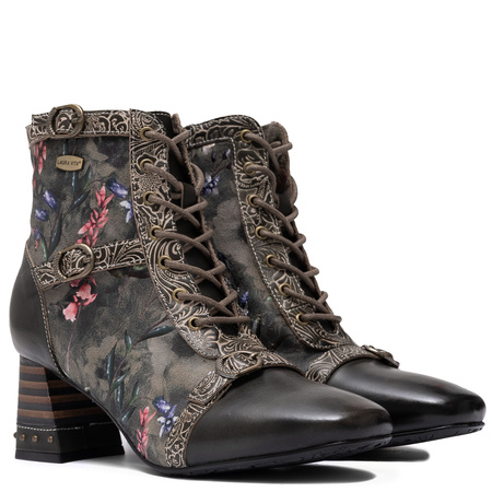 Laura Vita Leather Lace-Up Ankle Boots Block Heel Khaki TALAO-003-KAKI