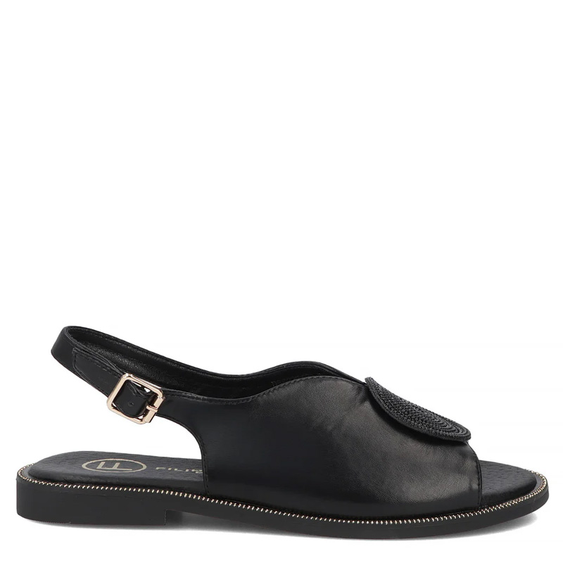 Filippo Women's Black Sandals With Decorative Ornament Flat DS6229-26-BK