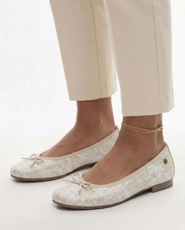 Maciejka Leather Pearl Ballet Flats Almond Toe White-Gold P6800-26/00-0