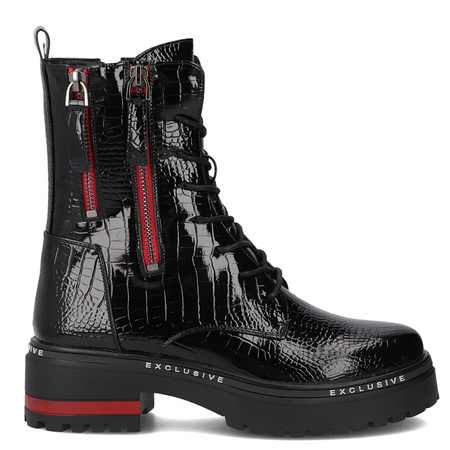 Filippo Leather Combat Boots Patent Croco Platform Black DBT4058-25-BK-RD