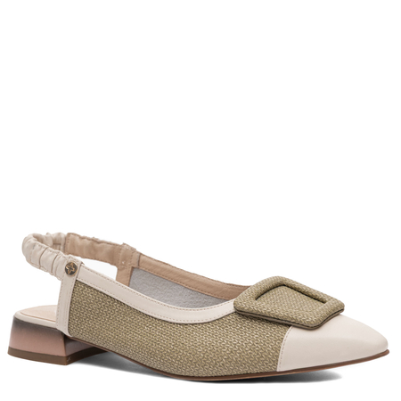 Maciejka Leather Slingback Pumps Woven-Effect Buckle Low Heel Beige-Green K7466-12/00-1