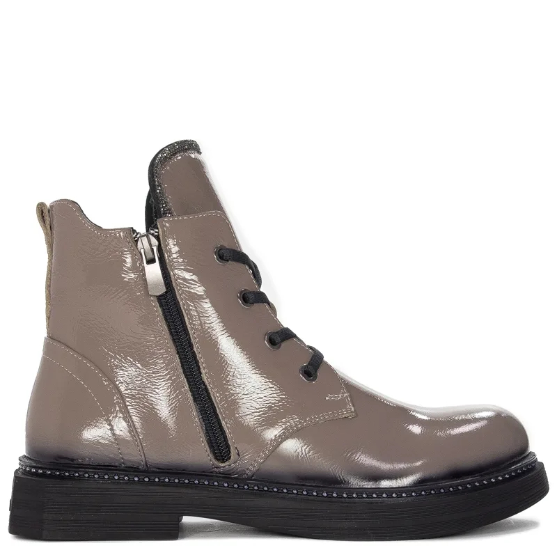 Venezia Botki damskie skórzane lakierowane ocieplane beżowe