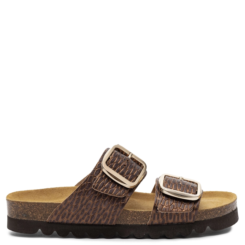 Dr. Brinkmann Leather Croc-Embossed Buckle Slides on Cork Sole Brown 700910-23