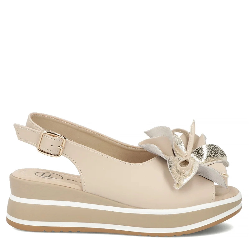 Filippo Leather Wedge Sandals With Decorative Flower Beige DS7045-26-BE