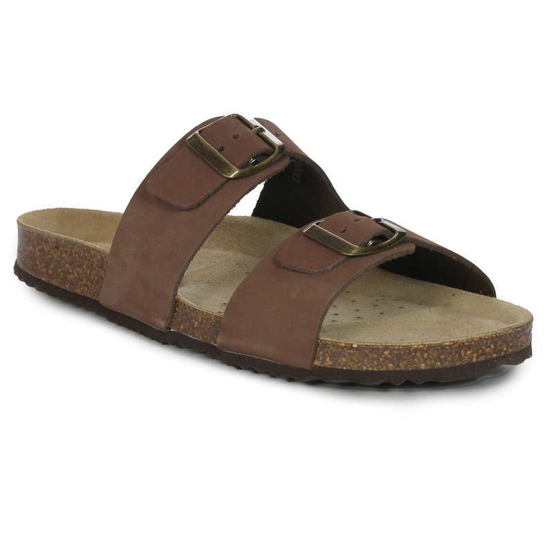 Geox Leather Adjustable Slides with Cork Footbed Brown D35LSL-C6009