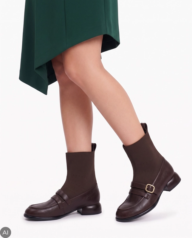 Maciejka Leather Slip-On Sock Ankle Boots With Decorative Buckle Brown K7766-02/00-7