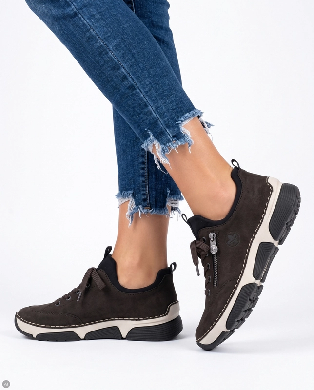 Rieker Comfortable Casual Women's Sneakers Low Shoes With Zipper Brown 45973-25-BRO