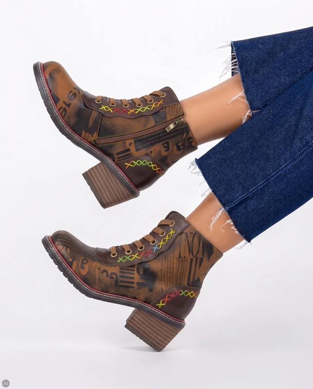 Maciejka Leather Boots Brown Vintage Newspaper Print SKU K7684-29/00-7