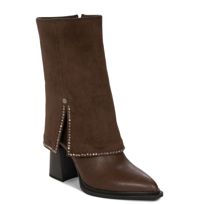 Maciejka Leather Heeled Ankle Boots Suede Cuff Block Heel Brown K7206-02/00-8