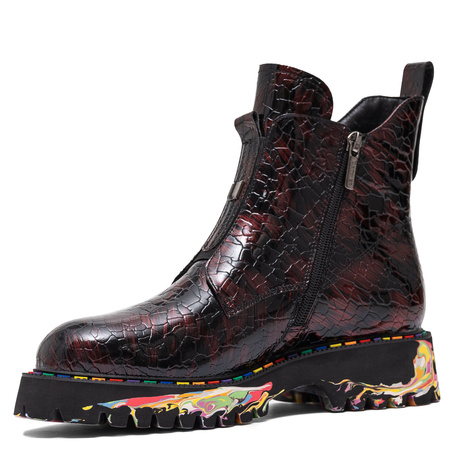 Artiker Leather Croc-Embossed Ankle Boots on Platform Black-Burgundy 57C0165