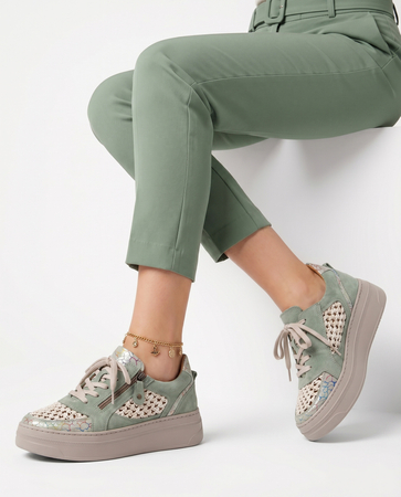 Maciejka Skórzane Półbuty Ażurowe Sneakersy Na Platformie Zielone 07317-24/00-1