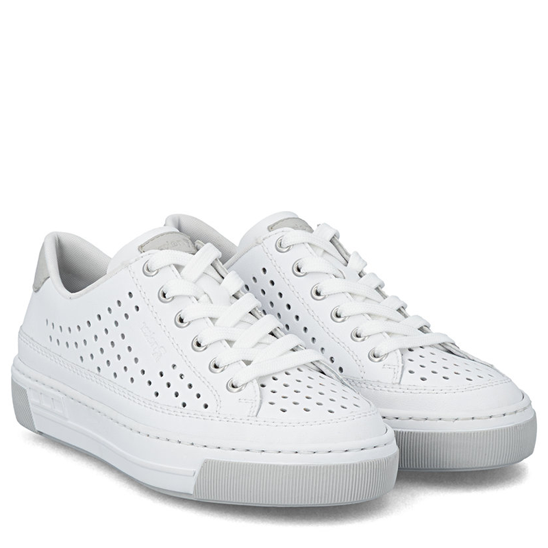 Rieker Skórzane Ażurowe Sneakersy Sznurowane Białe L8849-80