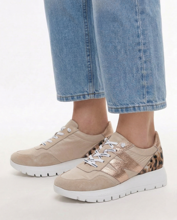 Wonders Skórzane Sneakersy Damskie na Platformie Półbuty Beżowo-Złote A-24100-BEIG-RAME