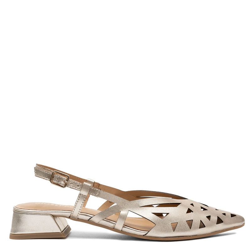 Gioseppo Leather Laser-Cut Slingback Pumps Low Heel Gold 79209-PLATINUM