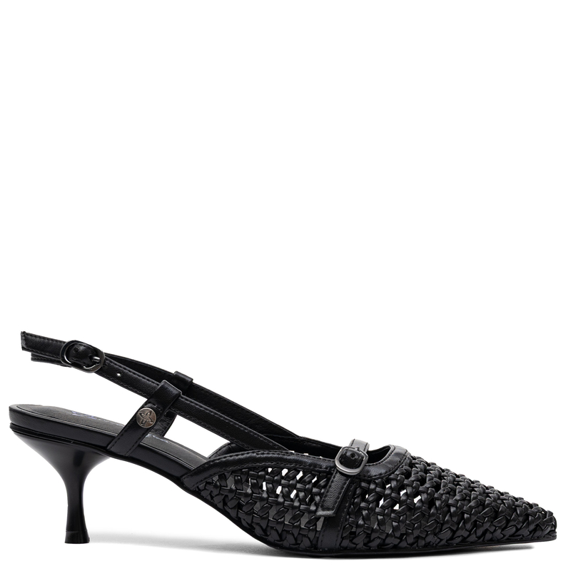 Maciejka Leather Woven Slingback Court Shoes Kitten Heel Black K7446-01/00-1