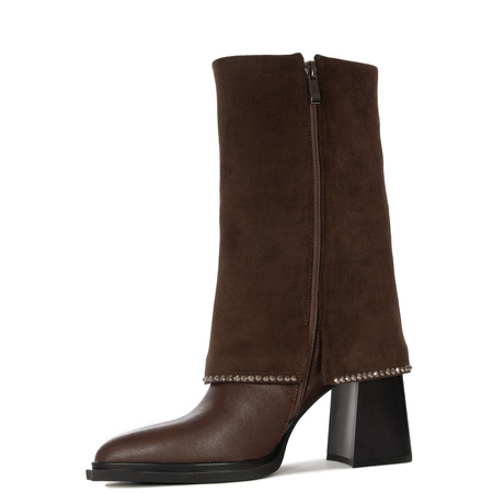 Maciejka Leather Heeled Ankle Boots Suede Cuff Block Heel Brown K7206-02/00-8