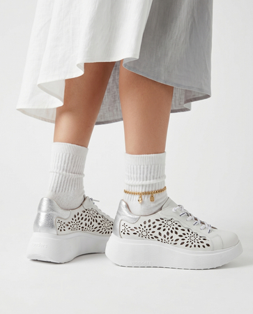 Wonders Leather Laser-Cut Platform Sneakers Women White-Silver A-3641-OFF-PLATA