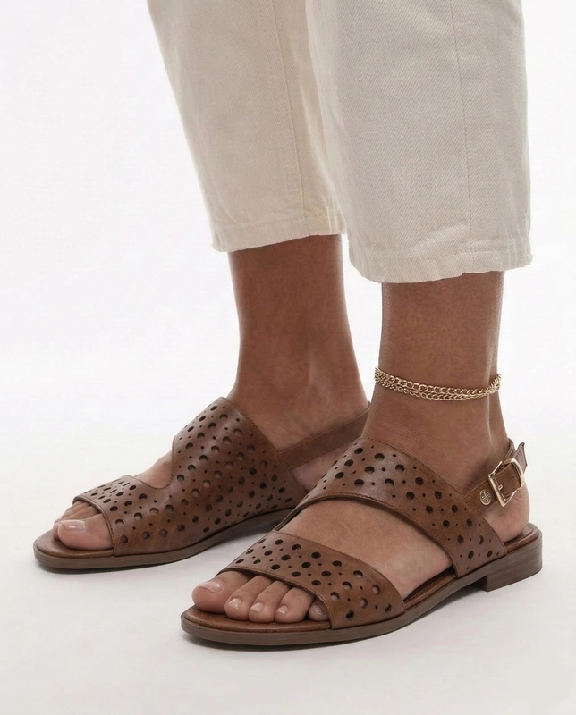 Maciejka Leather Perforated Flat Sandals With Adjustable Strap Brown K7464-29/00-1