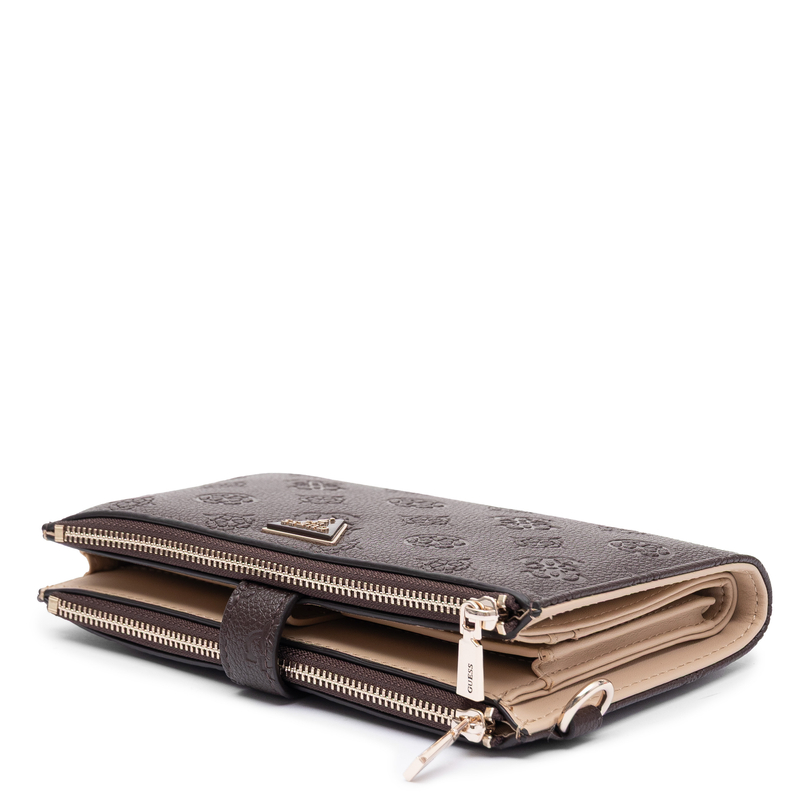 Guess Elegancki Zapinany Na Zamek Portfel Damski Z Paskiem Brązowy SWPD2222157-BROWN