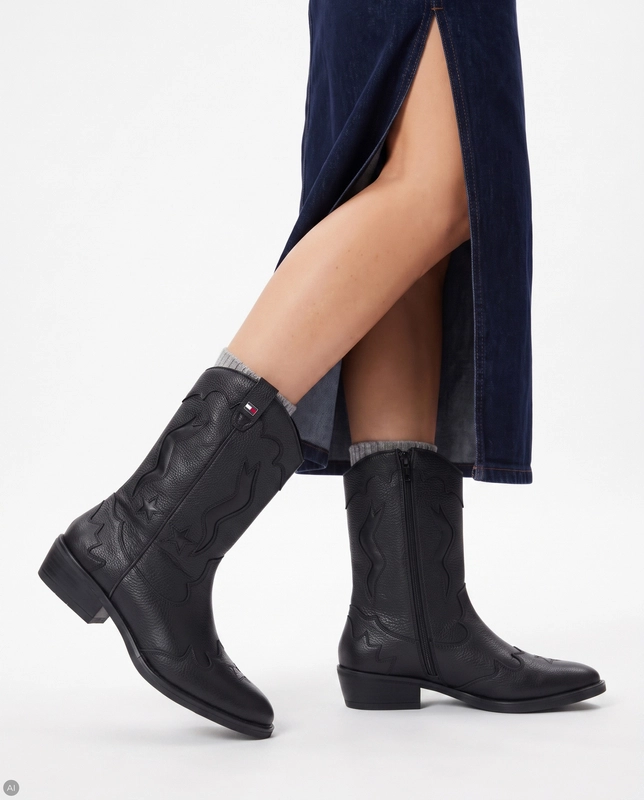 Tommy Hilfiger Leather Western Ankle Boots Women's Black T3A6-35193-BLK