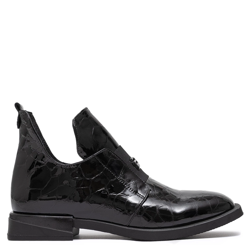 Boccato Skórzane Lakierowane Półbuty Z Tłoczeniem Croco Czarne 049-1738-64