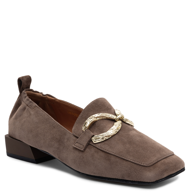S. Barski Eleganckie Zamszowe Półbuty Damskie Ze Złotą Ozdobą Brązowe CR61-3115