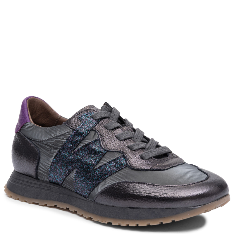 Wonders Skórzane Sznurowane Sneakersy Z Brokatowym Logo Szaro Srebrne A-4810