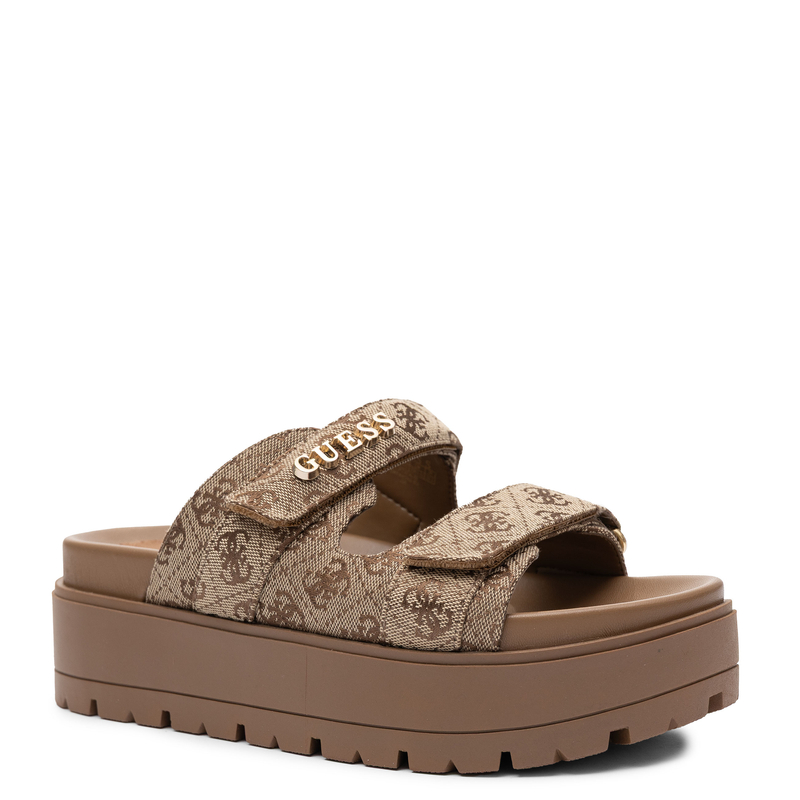 Guess Monogram Logo Platform Slides with Velcro Straps Beige FLJF2X-FAL03-BEIB