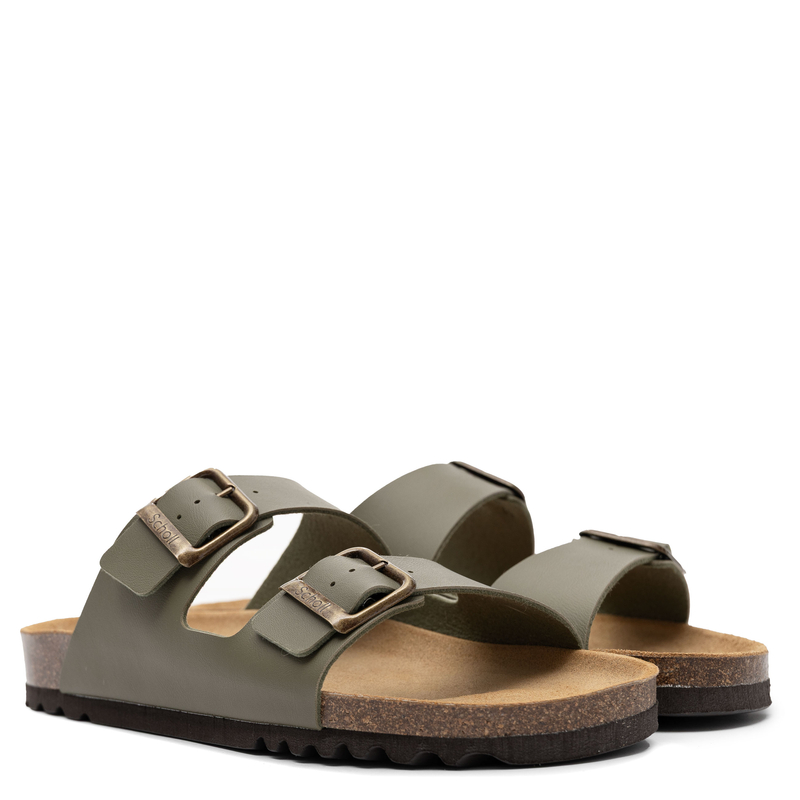 Scholl Men’s Slides Contoured Footbed Sandals Adjustable Straps Khaki F00949-1147